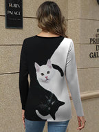 Women's Cat Print Long Sleeve T-Shirt V-Neck Black White Elegant Graphic Top Casual Fashion Cute Animal Print Tee S M L XL XXL