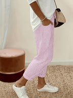 Women's Striped Casual Loose-Fit Ankle Pants - Relaxed Vacation Style Trousers with Pockets, Lightweight Polyester Fabric, Perfect for Summer Travel, Beach Outings & Everyday Wear | S-XXL