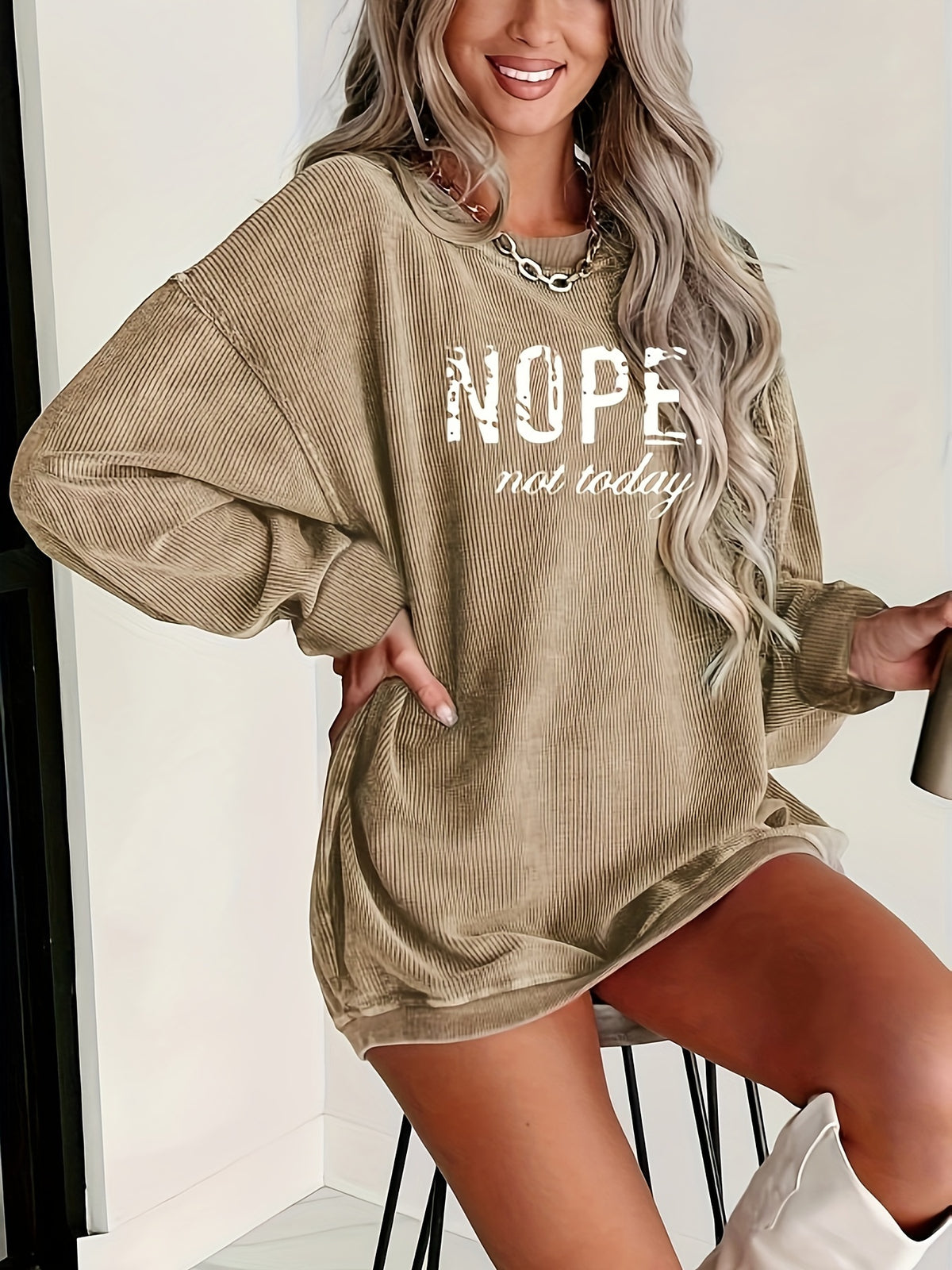 NOPE Printed Long Sleeve Top Women Crew Neck Graphic Shirt Casual Pullover S M L XL XXL Khaki Pink Letter Print