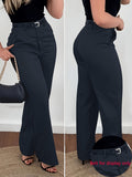 Women's Elegant Solid Color Trousers Machine Washable Office Casual Wide Leg Pants with Pockets S-XXL Dark Gray Burgundy