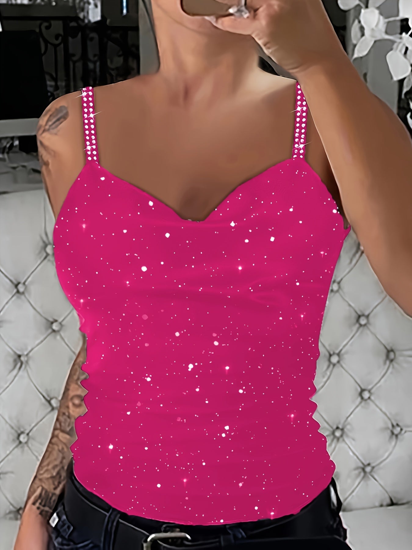 Women's Sequin Rhinestone Strap Cami Top Sexy V-Neck Sleeveless Tank Top Glam Party Night Out Going Out Tops Spring Summer Fall S M L XL XXL