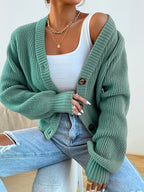 Women's Ribbed Knit Cardigan Button Front V-Neck Long Sleeve - Olive Green Loose Fit Chunky Sweater, Casual Cozy Fall Winter Layering Cardigan S-XXL