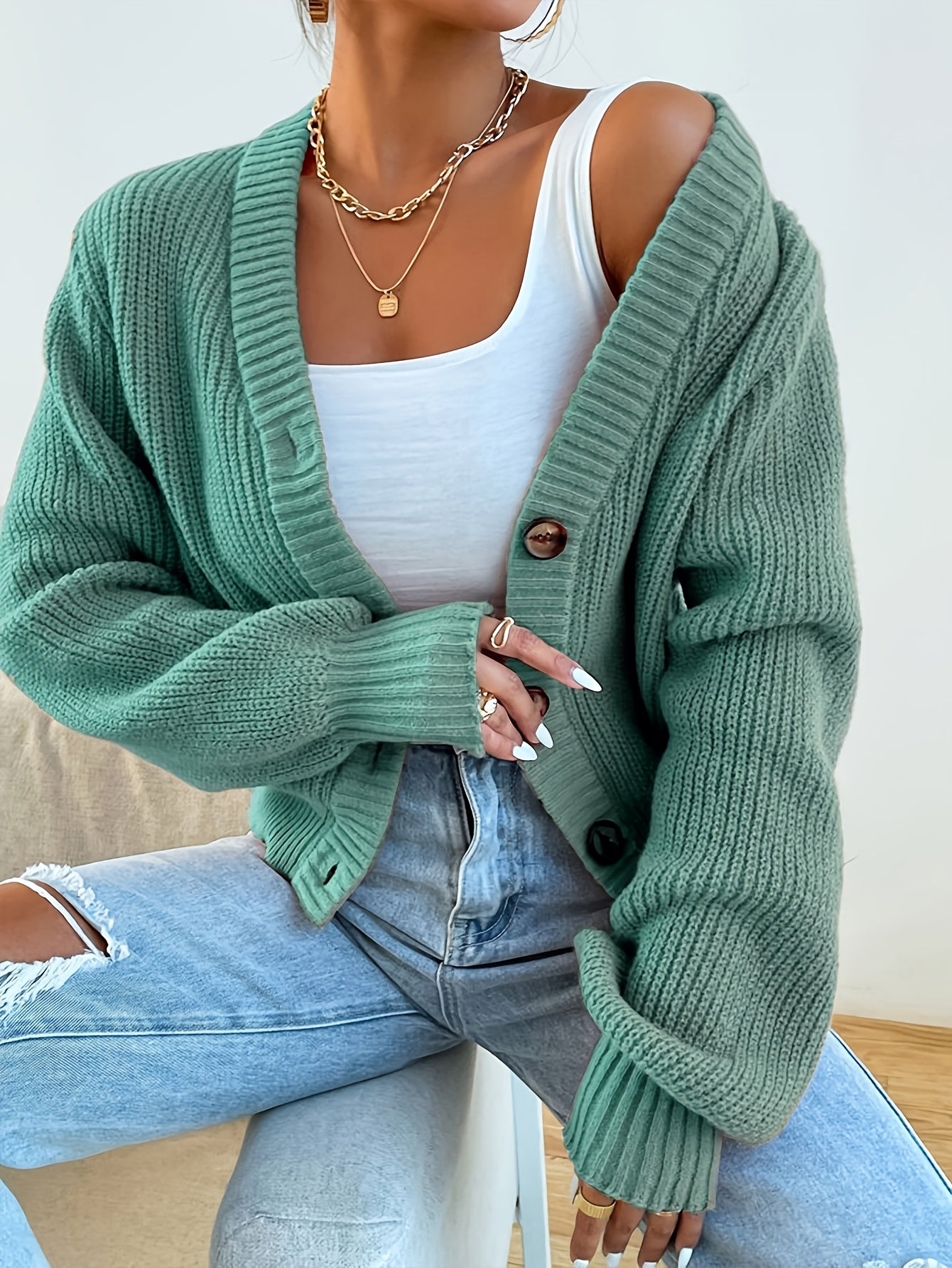 Women's Ribbed Knit Cardigan Button Front V-Neck Long Sleeve - Olive Green Loose Fit Chunky Sweater, Casual Cozy Fall Winter Layering Cardigan S-XXL