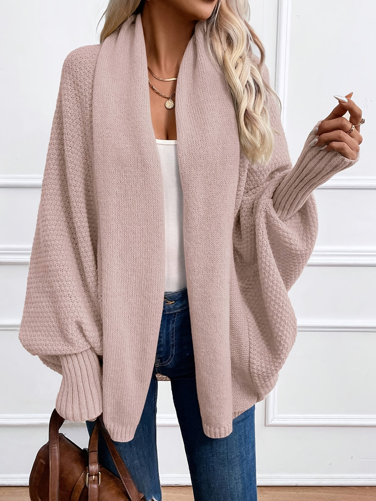 Batwing Sleeve Open Front Shawl Collar Cardigan Women Loose Knit Sweater Coat – Khaki Solid Color Lightweight Layering Outerwear