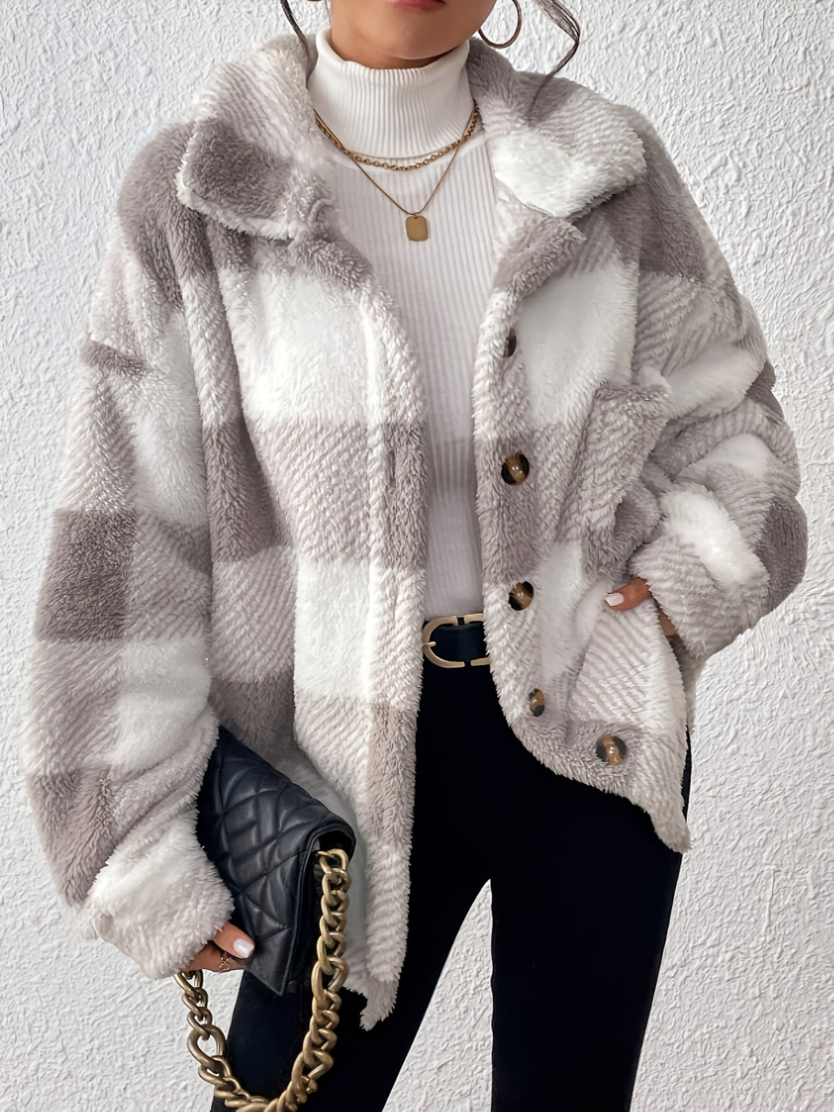 Women's Plaid Plush Button-Front Jacket – Elegant Casual Fuzzy Coat Warm Cozy Outerwear Autumn Winter Daily Wear