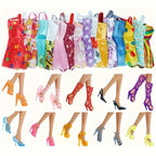 32-Piece Girl Doll Dress-Up Fashion Set – 10 Outfits, 10 Pairs of Shoes, 6 Crowns & 6 Necklaces, Multi-Color Random Style, Doll Wardrobe Accessories for Kids