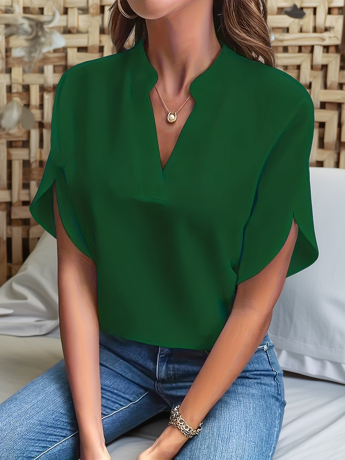 Women's V-Neck Batwing Sleeve Blouse Loose Fit Solid Color Pullover Top - Casual Commuter Style for Spring Summer Fall | Lightweight Breathable Shirt
