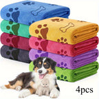 Quick-Dry Dog Towels 4pcs – Soft Absorbent Paw Print Microfiber Pet Bath Towel Set for Medium Dogs, Grooming & Bathing Towels, Random Assorted Colors