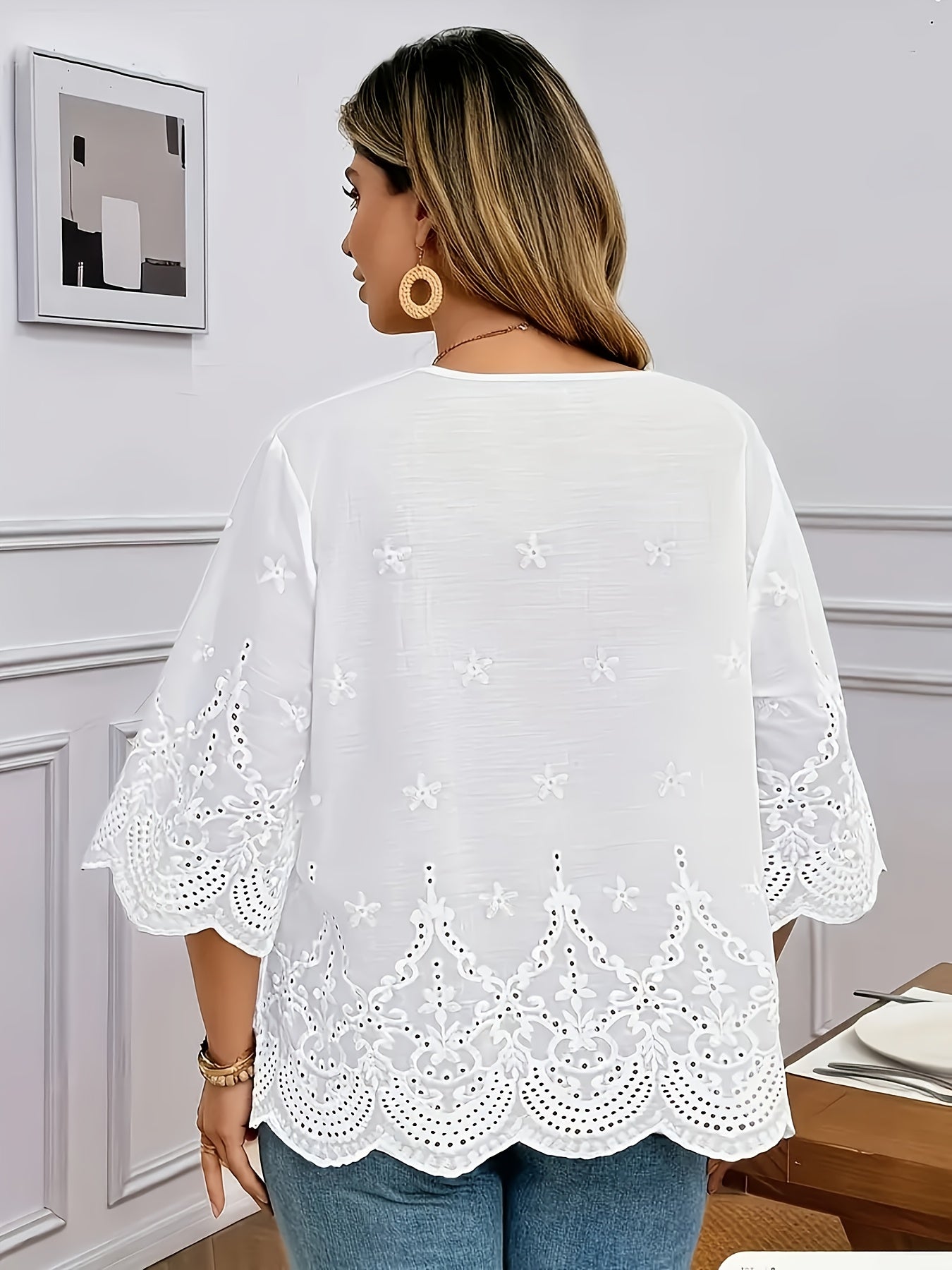 Women's V-Neck Floral Lace Contrast Shirt Elegant Woven Blouse for Spring Summer Fall Formal Casual Wear S-XXL