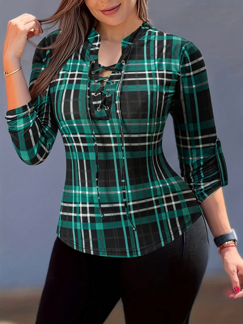 Women's V-Neck Plaid Long Sleeve Top Sexy Western Shirt Micro Stretch Blouse Spring Casual Regular Fit Trendy Outfit S M L XL XXL