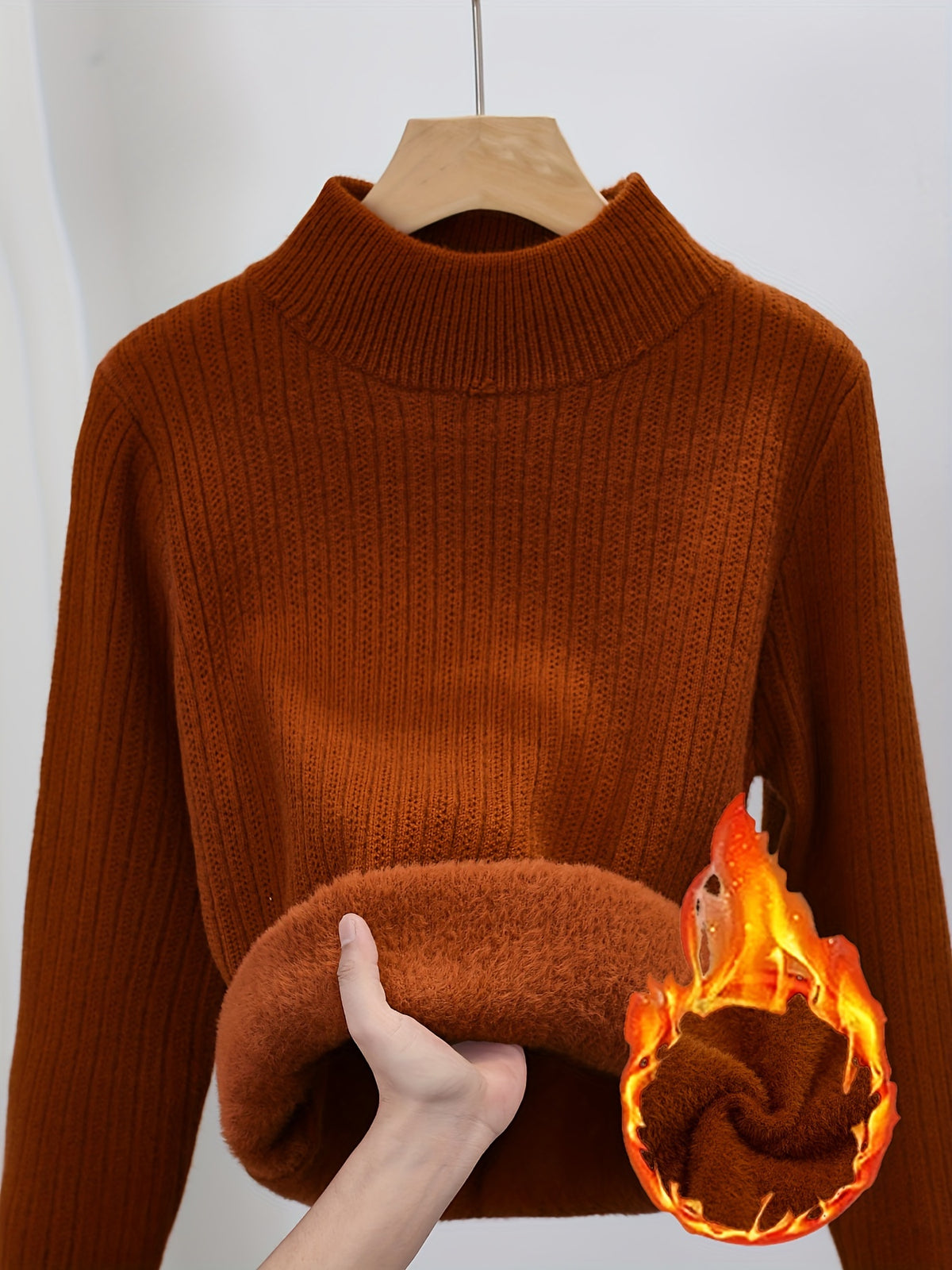 Women's Fleece Lined Turtleneck Sweater Thick Warm Pullover - Semi-High Neck Seamless Knit Sweater Fall Winter Inner Layer Top, 11 Colors S-XL