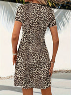 Women's Leopard Print V-Neck Fit & Flare Twist Dress - Knit Polyester Stretch Midi Dress Blue S M L XL XXL Casual Party Date Night Fashion