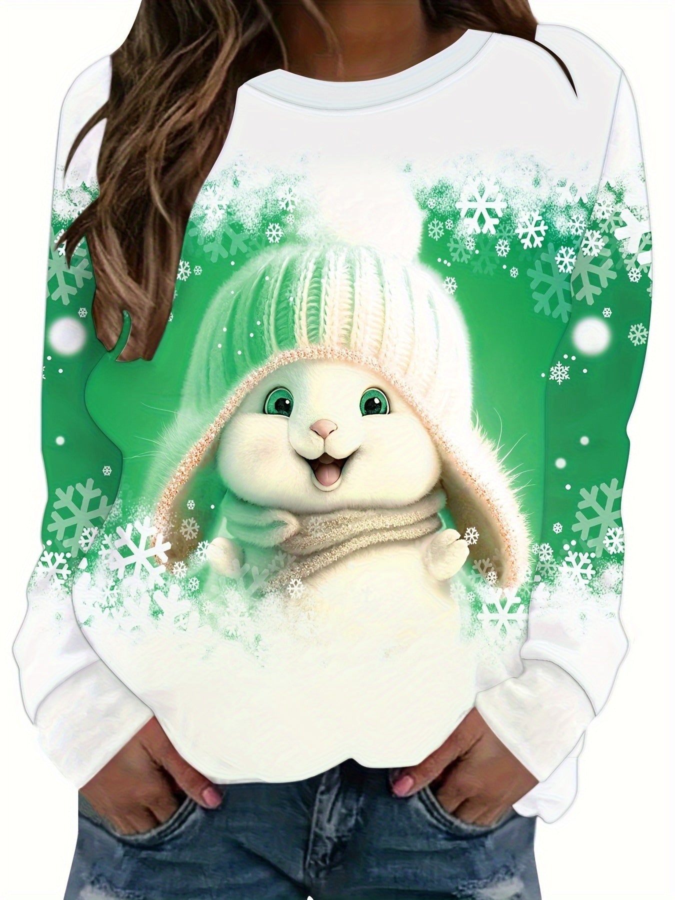 Christmas Print Crew Neck Long Sleeve Loose Pullover Sweatshirt Women Holiday Festive Casual Tops US Warehouse