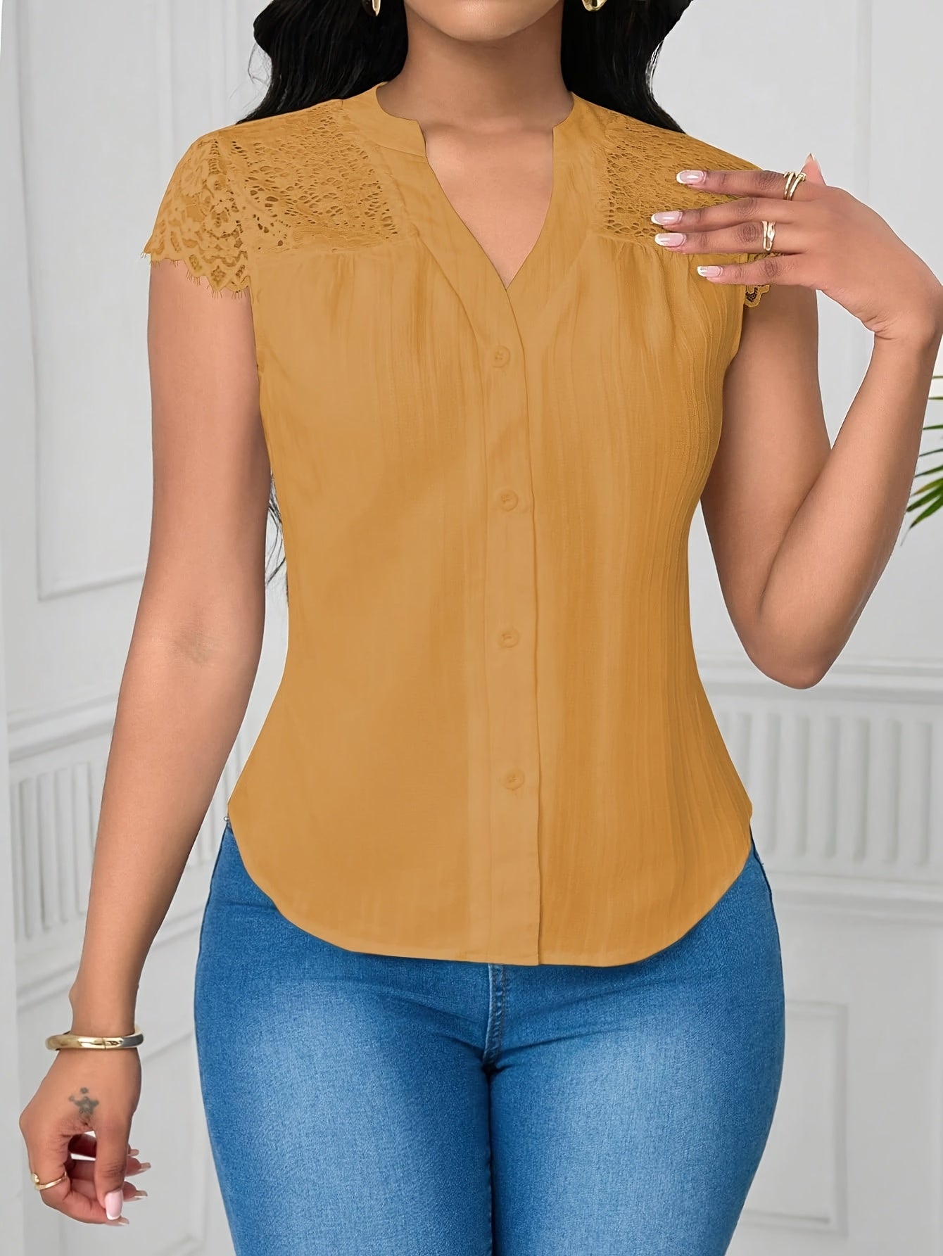 Women's Elegant Lace Patchwork Blouse – V-Neck Striped Semi-Sheer Woven Top for Summer, Casual & Weekend Wear