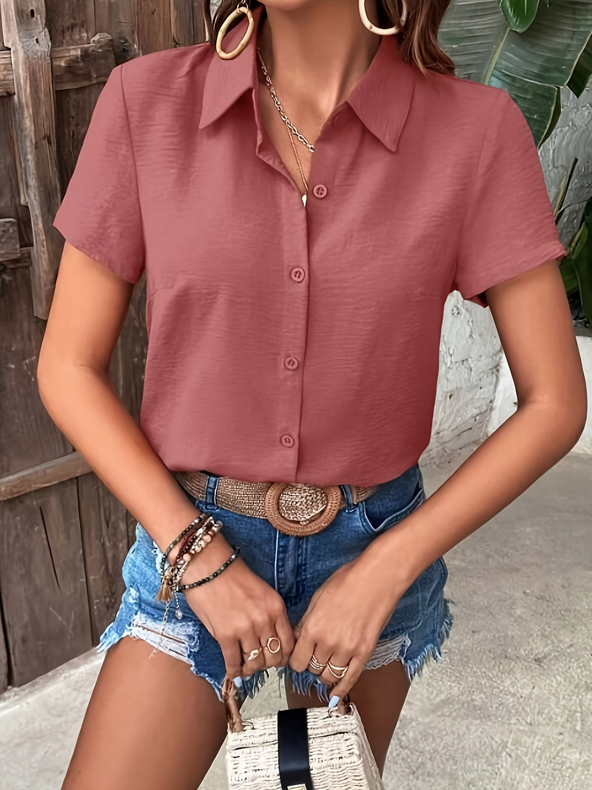 Women's Elegant Ruffle Hem Blouse Button-Front Short Sleeve Collared Shirt Navy Black Burgundy Apricot Pink Spring Summer Fall Casual Office Lightweight Polyester Top XS S M L XL