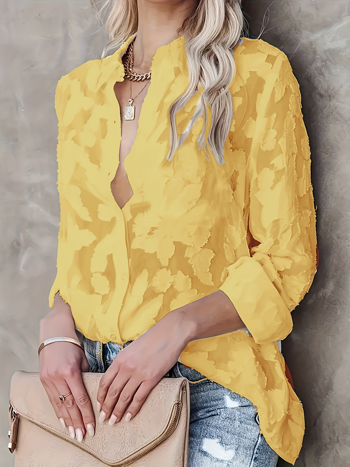Women's Jacquard Semi-Sheer Long Sleeve Shirt – Elegant Single-Breasted Loose Blouse, Sheer Floral Top for Women, Casual & Dressy, Sizes S-XXL, White Black Blue Yellow