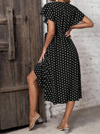 Women's Elegant Polka Dot Criss Cross Neck Short Sleeve Side Slit Dress - Timeless Summer Midi Dress for Casual Brunch Date Night Beach Vacation Spring Summer