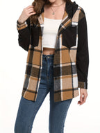 Plaid Hooded Jacket Women Drop Shoulder Woven Patch Pocket Casual Outerwear 100% Polyester Suede PU Black White S M XXL
