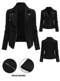 Women's Solid Color Biker Jacket Zipper Button Maze Grid Moto Coat - Stylish Casual Outerwear for Fall Winter Daily Commute Streetwear Top