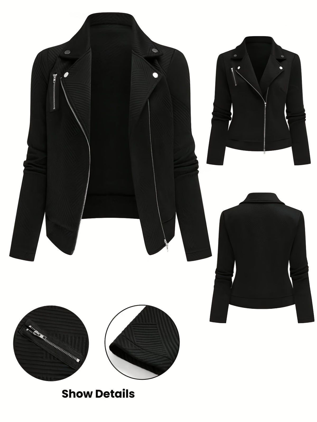 Women's Solid Color Biker Jacket Zipper Button Maze Grid Moto Coat - Stylish Casual Outerwear for Fall Winter Daily Commute Streetwear Top