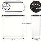 Airtight Food Storage Containers 4-Pack (4L/135oz) Extra Large BPA-Free Cereal Containers for Pantry Organization - Bulk Storage for Grain, Rice & Nuts, Kitchen Organizer Set, Great Christmas Gift
