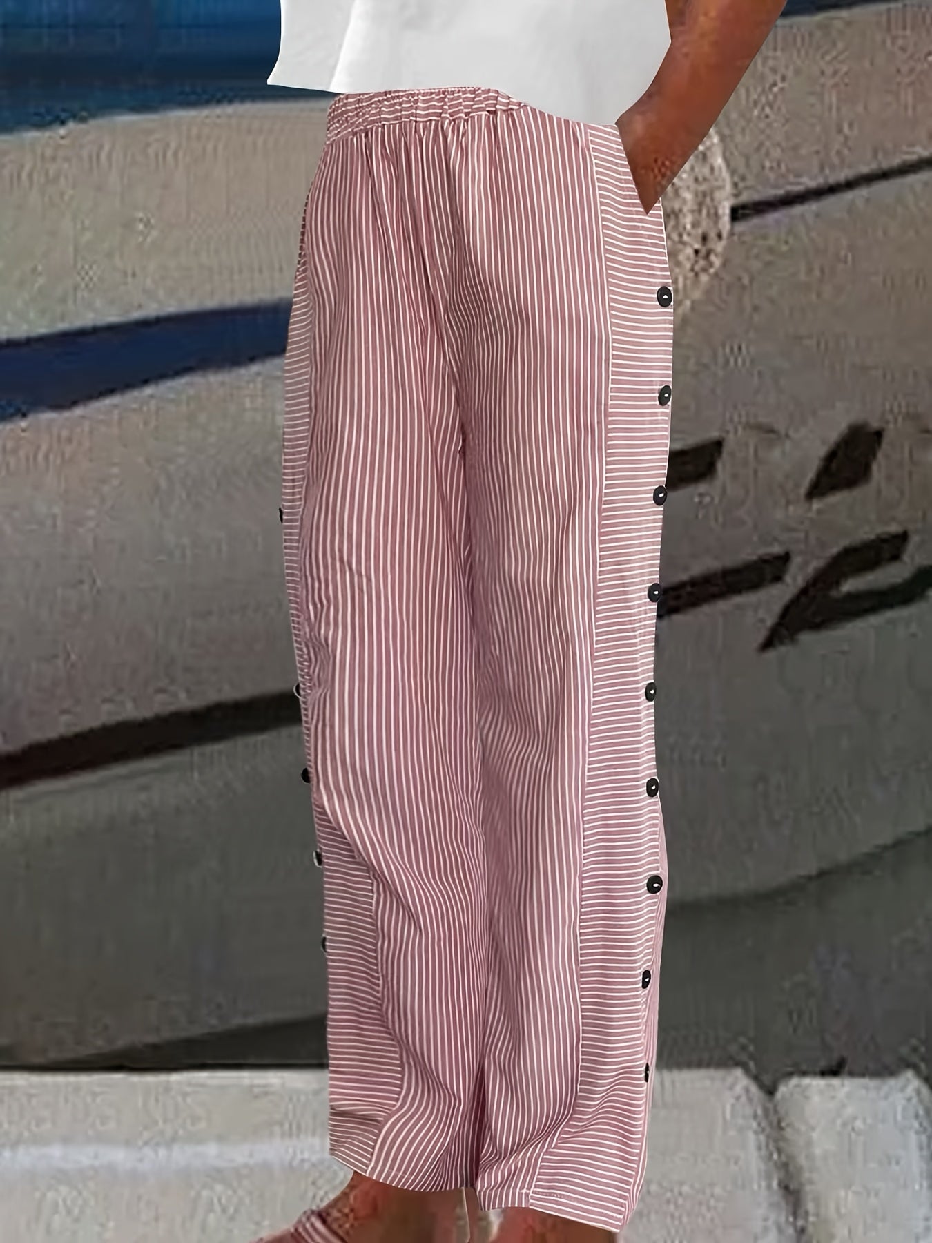 Women's Striped Straight Leg Casual Trousers – Classic Western Style Spring Summer Pants with Pockets for Everyday & Smart Casual Wear