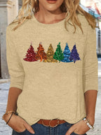 Christmas Tree Print Long Sleeve T-Shirt Women Crew Neck Loose Fit Casual Holiday Graphic Tee Soft Stretch Fabric S-XXL Machine Washable
