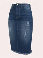 Women's Vintage High-Waisted Denim Midi Skirt – Stretch Raw Hem Distressed Look, Machine Washable, Non-Transparent, Sea Blue, Sizes XS-XXL, Casual Spring Summer Fall Skirt