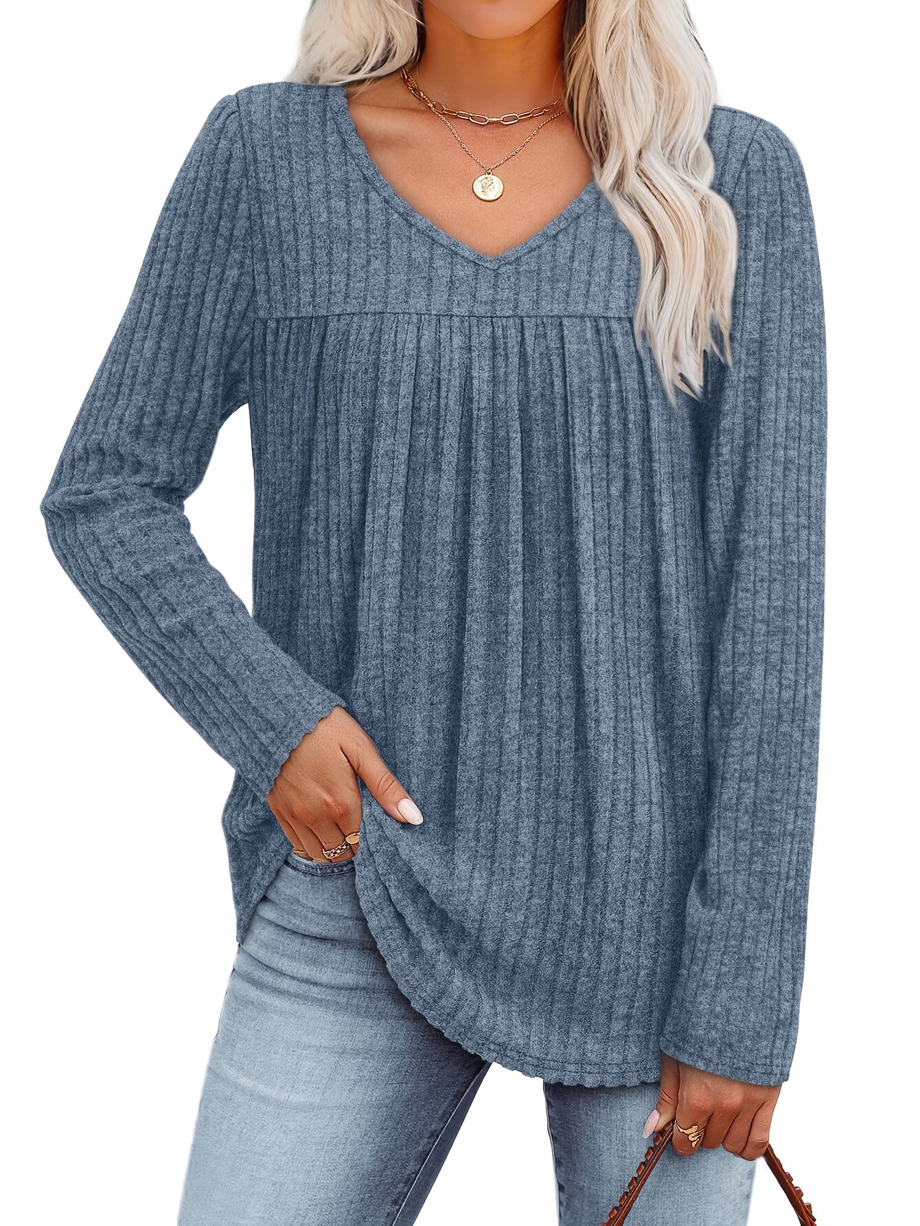 Women's V-Neck Long Sleeve Pullover Top – Lightweight Casual Front Pleat Blouse for Women, Elegant Loose Fit Dressy Shirt, Multiple Colors, Sizes S-XXL