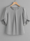 Women's Chest Pleated Ruffle Cuff Short Sleeve Blouse – Elegant Semi-Sheer 100% Polyester Woven Crew Neck Split Sleeve Fashion Shirt