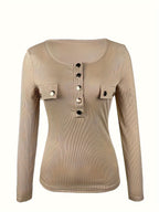 Women's Ribbed Knit Long Sleeve Top Crew Neck Button Detail Slim Fit Stretch T-Shirt Casual Chic Fall Winter Basic Tee Apricot S-XL