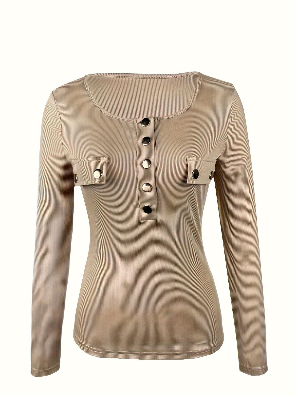 Women's Ribbed Knit Long Sleeve Top Crew Neck Button Detail Slim Fit Stretch T-Shirt Casual Chic Fall Winter Basic Tee Apricot S-XL