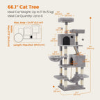 Multi-Level Cat Tree Tower 44-66 Inch with Hammock Sisal Scratching Posts Cozy Cave Perches Anti-Tilt Stable Cat Condo for Multi-Cat Families Kittens & Cats Gift