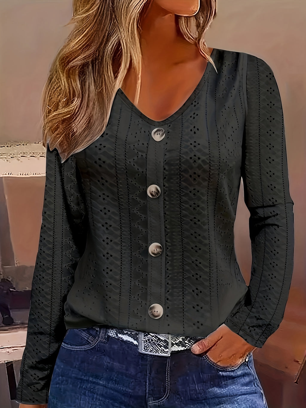 Women's Eyelet Solid V-Neck Button-Front Long Sleeve Blouse | Semi-Sheer Stretch Knit Casual Layering Top for Spring Summer Fall