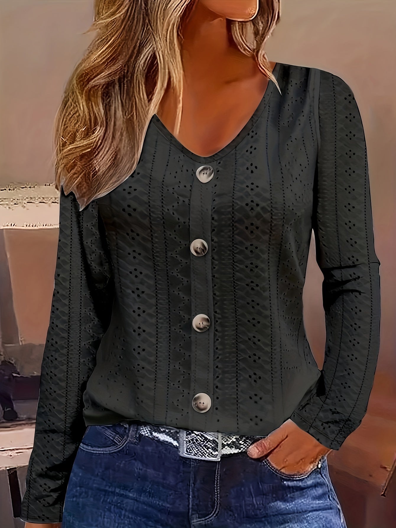 Women's Eyelet Solid V-Neck Button-Front Long Sleeve Blouse | Semi-Sheer Stretch Knit Casual Layering Top for Spring Summer Fall