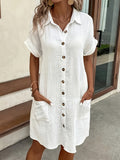 Women's Solid Color Lapel Collar Button-Down Sleeveless Shirt Dress – Breathable Knee-Length Vintage Flutter Sleeve Casual Dress for Spring Summer