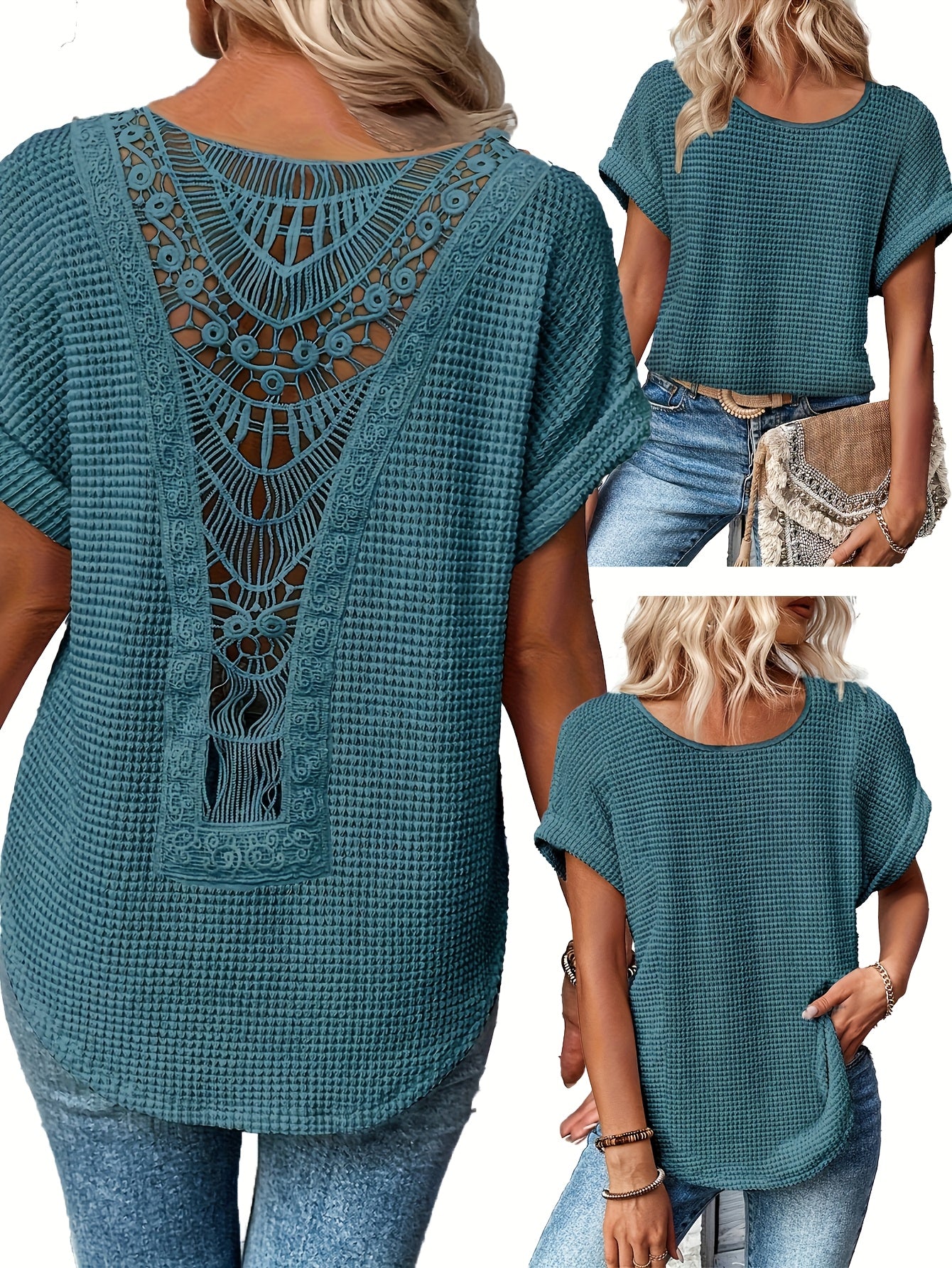 Lace Patchwork Round Neck Short Sleeve T-Shirt Women Summer Casual Flowy Top Peacock Blue Khaki Black White S M L XL XXL