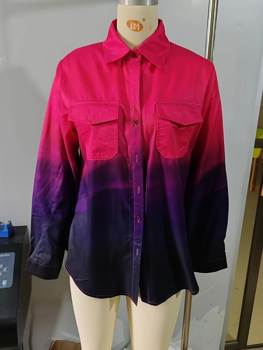 Women's Long Sleeve Plaid Shirt Gradient Color Block Print – Lightweight Button-Up Collar Casual Top with Chest Pockets, Machine Washable, Spring Fall Blouse Sizes S-XXL