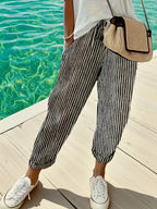 Women's High-Waisted Wide Leg Pants - Casual Loose Fit Side Stripe Trousers, Lightweight Breathable Polyester Fabric for Everyday Wear, Sizes S-XXL, Black Brown Green Blue Red