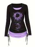 Women's Moon Sun Print Long Sleeve T-Shirt Colorblock Ruched Side Tie Casual Top Stretch Knit 2-in-1 Style Fashion Tee S M L XL XXL