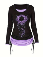 Women's Moon Sun Print Long Sleeve T-Shirt Colorblock Ruched Side Tie Casual Top Stretch Knit 2-in-1 Style Fashion Tee S M L XL XXL