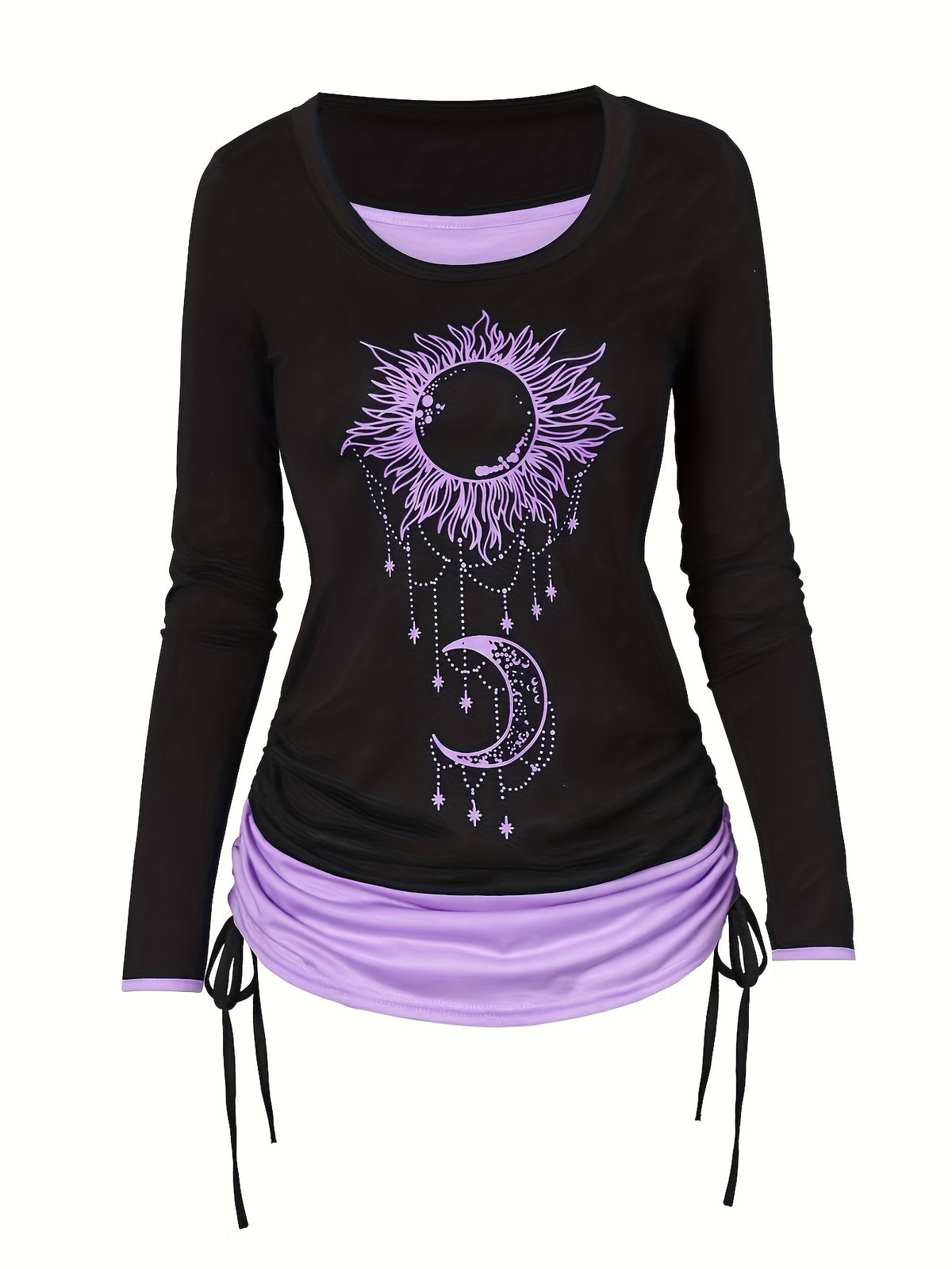 Women's Moon Sun Print Long Sleeve T-Shirt Colorblock Ruched Side Tie Casual Top Stretch Knit 2-in-1 Style Fashion Tee S M L XL XXL