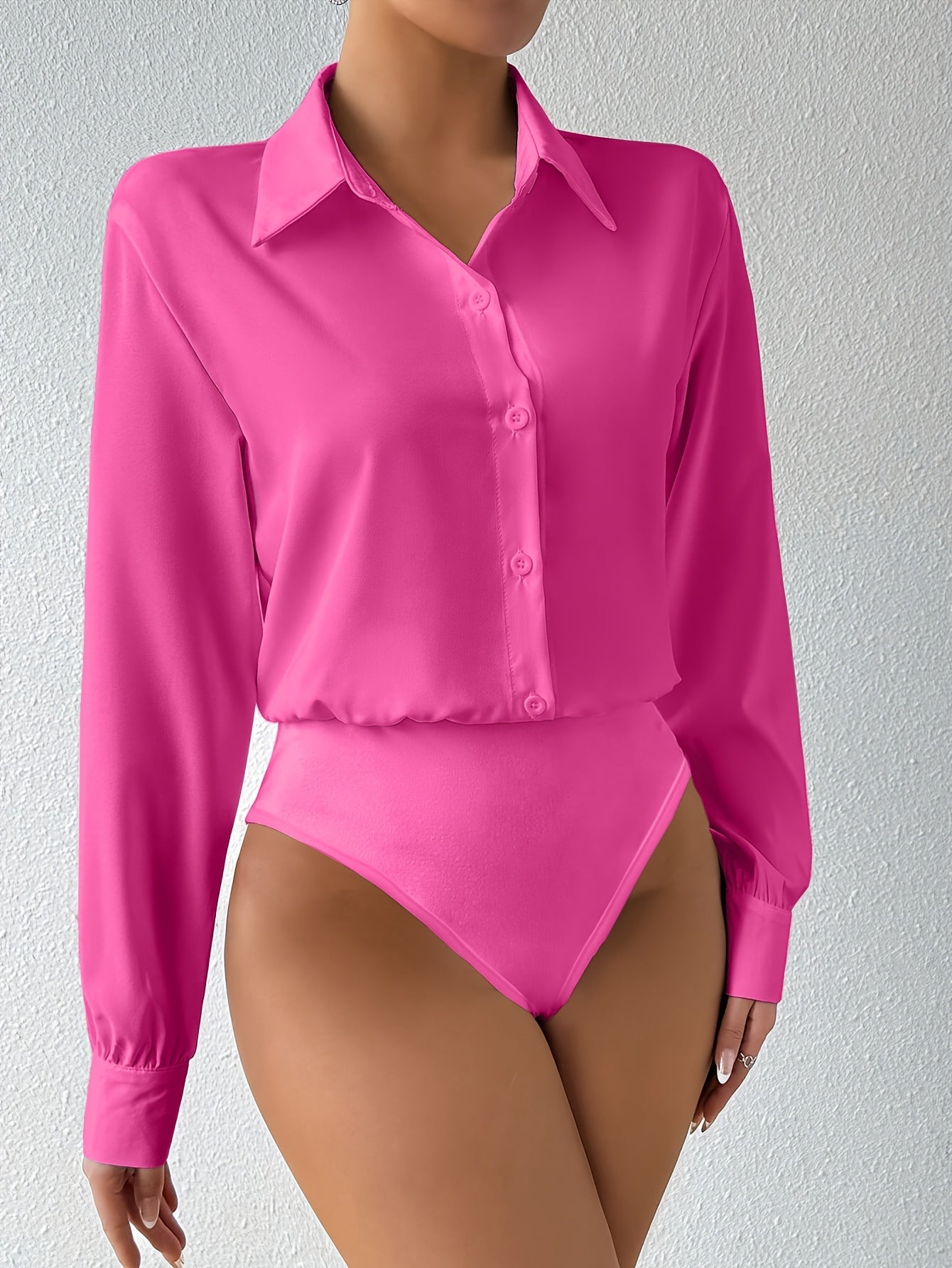 Women's Long Sleeve Bodysuit Solid Color Lapel Button Snap Crotch Shirt Top Stretchy Fitted Turtleneck Blouse for Women