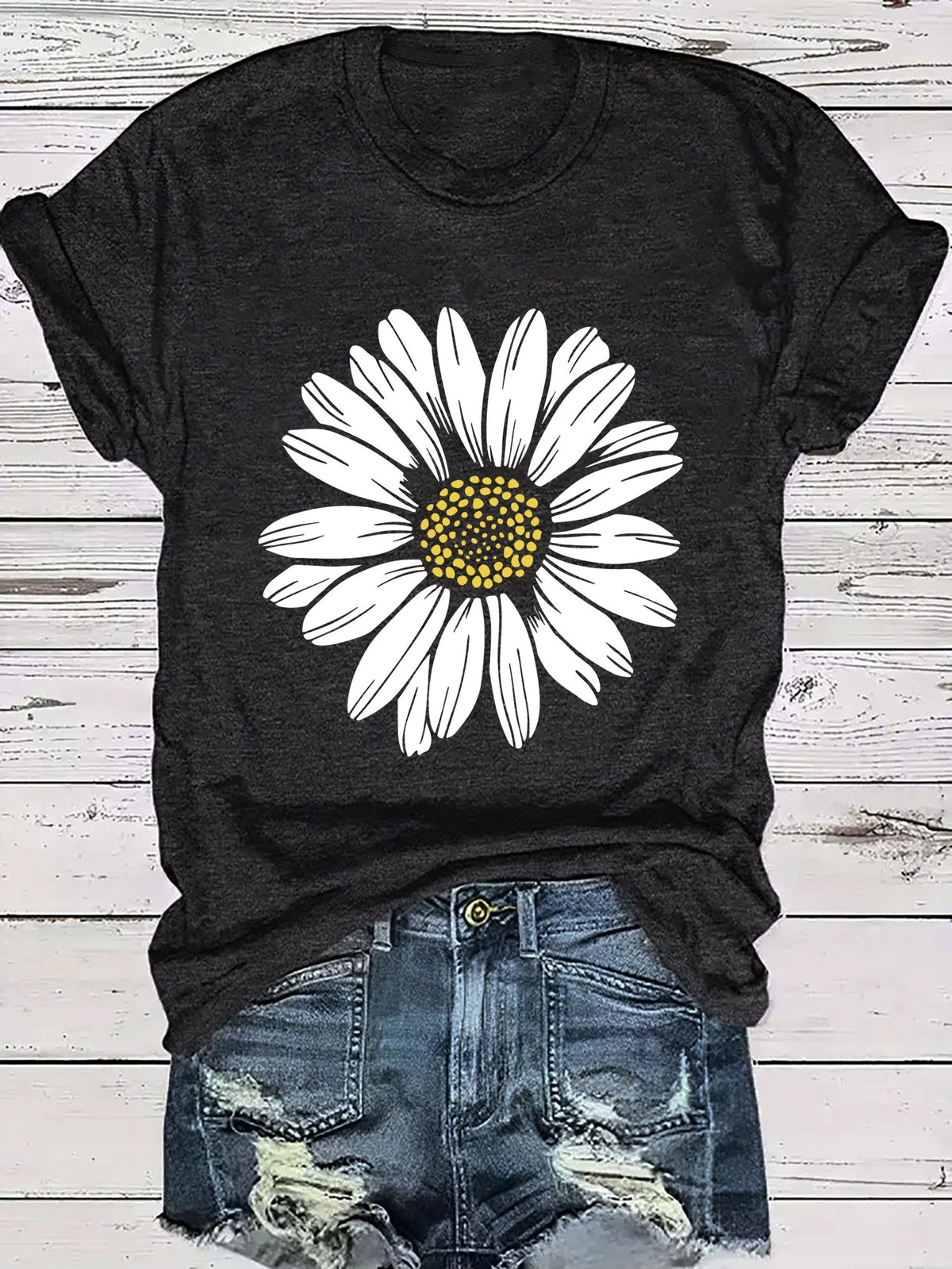 Women's Daisy Flower Print Round Neck T-Shirt | Casual Summer Tops for Women Short Sleeve Tee Shirts Cute Floral Graphic Tshirts S M L XL XXL