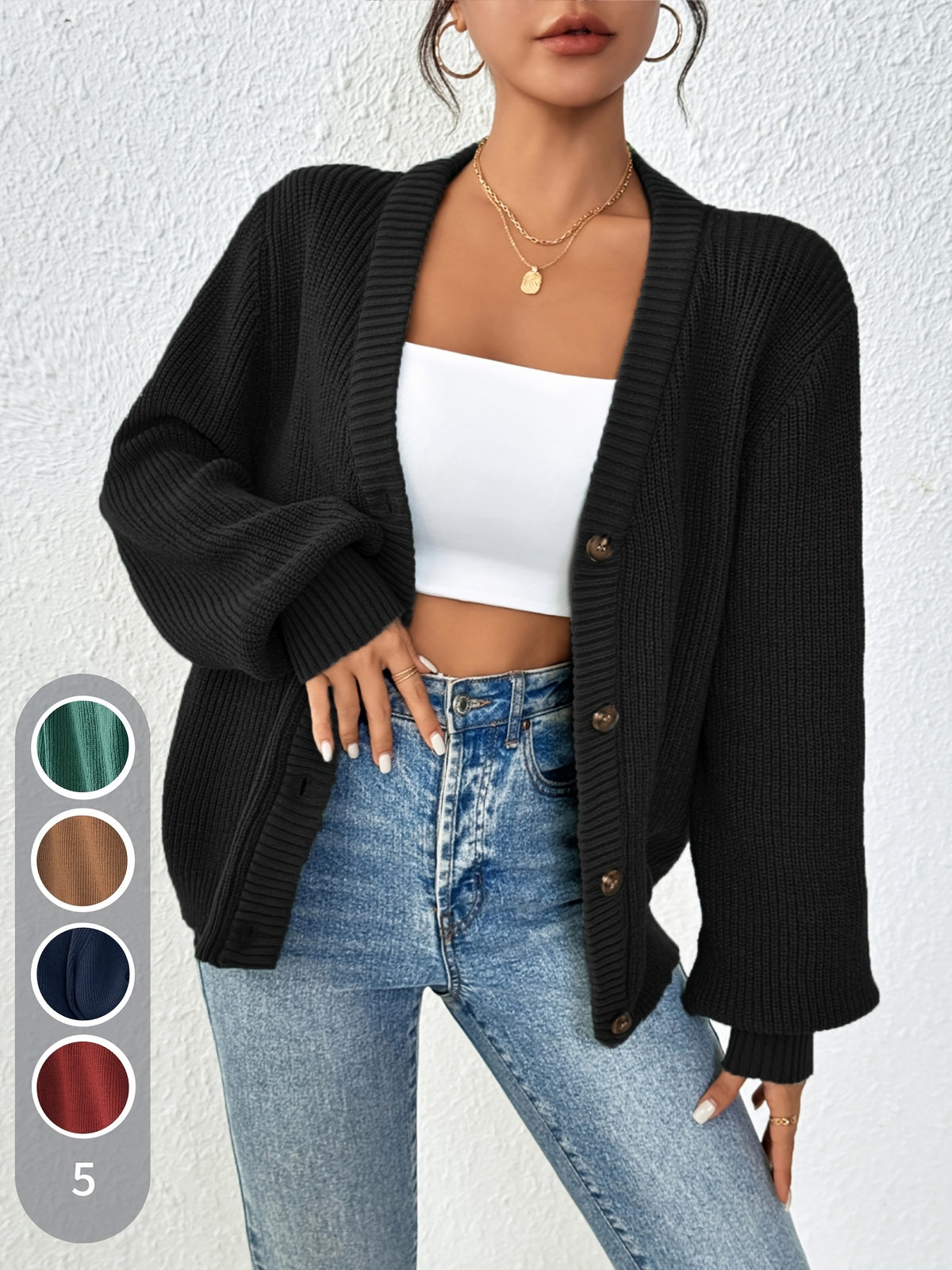 Women's Chunky Ribbed Knit Button Cardigan V-Neck Open Front - Oversized Drop Shoulder Sweater Jacket, Soft Stretchy Warm Fall Winter Cardigan in 5 Colors XS-XL