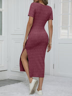 Women's Elegant Long Slit Bodycon Dress | Boat Neck Suede Solid Color Maxi Dress with Side Split Stretchy Formal Evening Party Wear