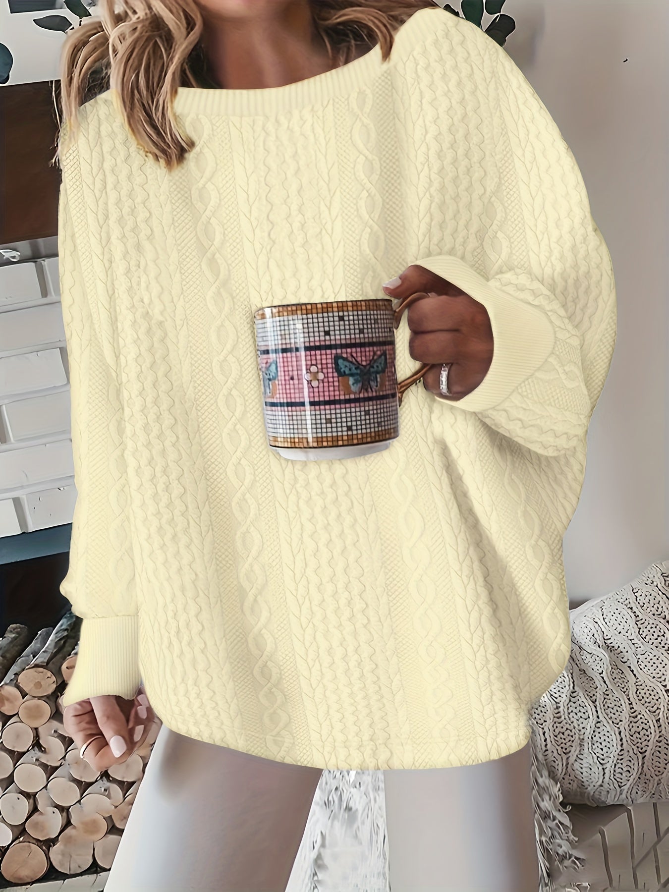 Women's Oversized Cable Knit Pullover Sweater Round Neck Long Sleeve Loose Cozy Chunky Knit Top for Fall Winter Casual White Grey Black