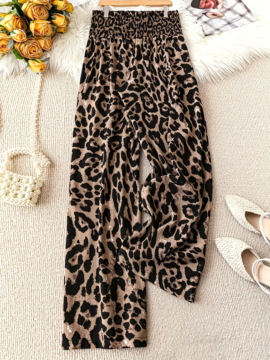Women's Leopard Print Wide Leg Pants Loose Fit Casual Flowy Trousers S M L XL Boho Animal Print Bottom