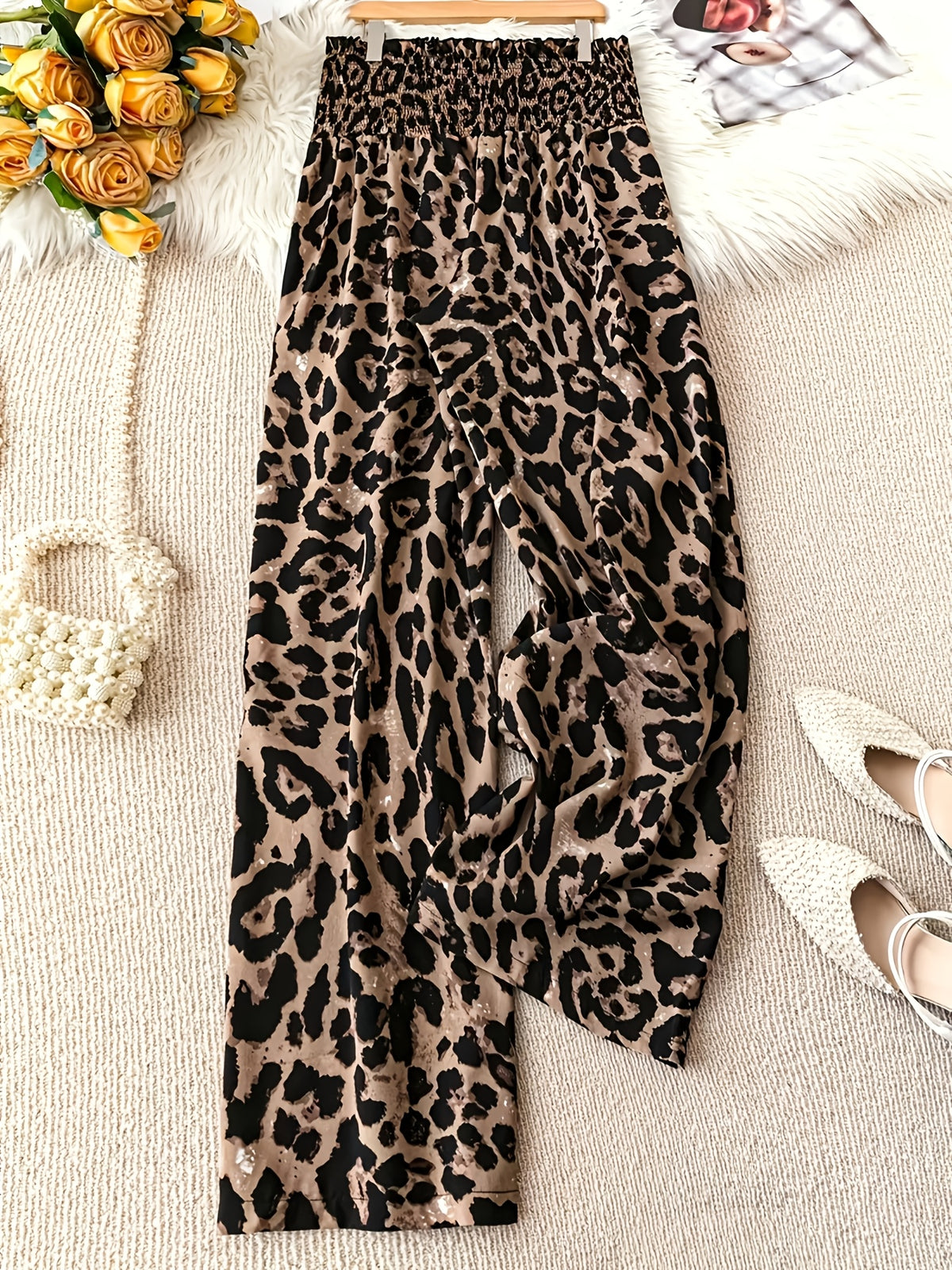 Women's Leopard Print Wide Leg Pants Loose Fit Casual Flowy Trousers S M L XL Boho Animal Print Bottom