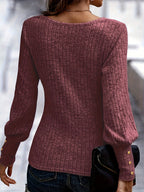 Women's Ribbed Bishop Sleeve Crew Neck Top Solid Color Elegant Knit Blouse - Casual Chic Long Sleeve Pullover for Spring Fall Office Daily Wear